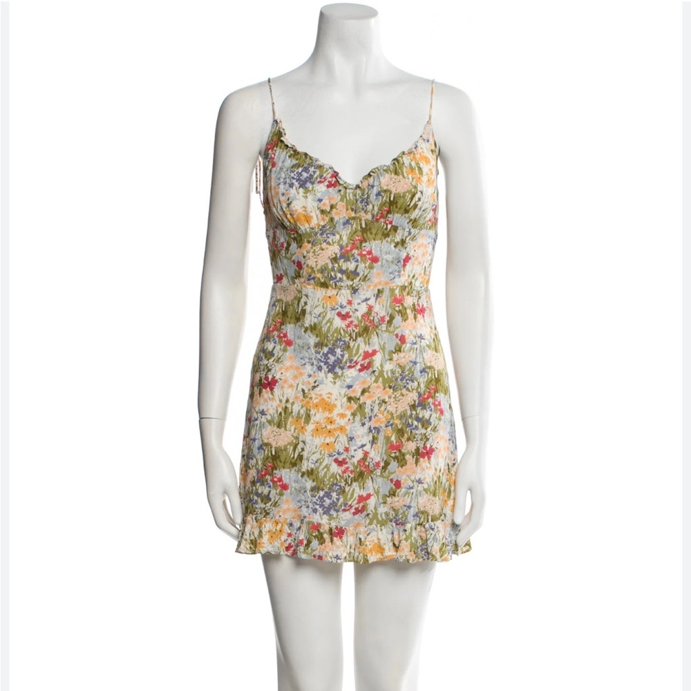 Reformation Floral Slip Mini Dress in Green, Cream, Yellow